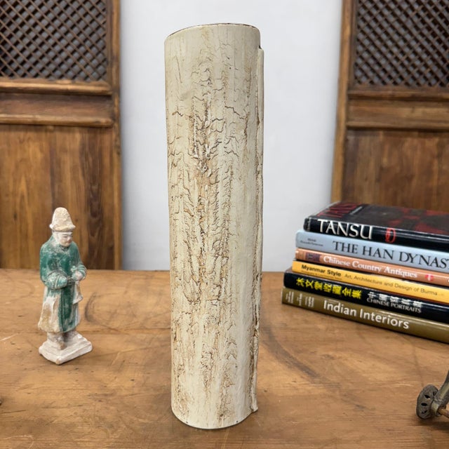 Late 20th Century Cream Textured Cylinder Prem Vase with Red Brown Inside For Sale - Image 5 of 10