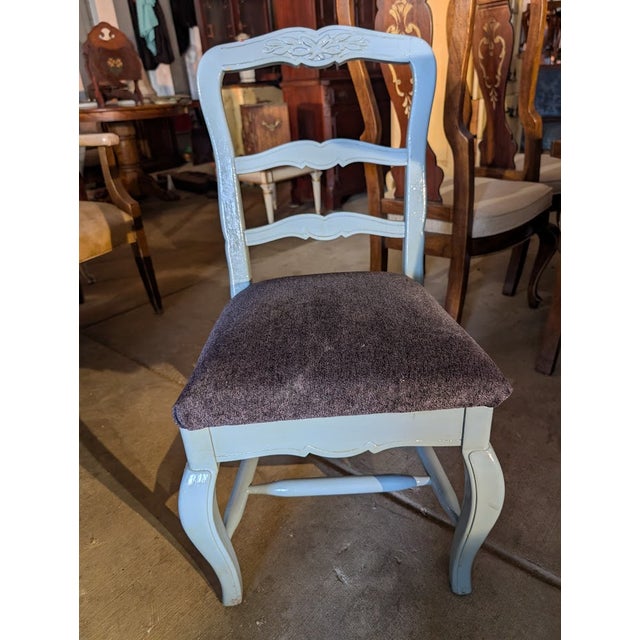 Textile Vintage Sky Blue French Provincial Ladderback Side Chair – Carved Crest & Cabriole Legs For Sale - Image 7 of 8