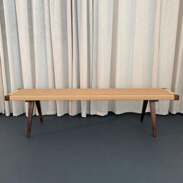 Mid-Century Modern Mid-Century Modern Style Hand-Woven Rope Weave and Walnut Bench For Sale - Image 3 of 10