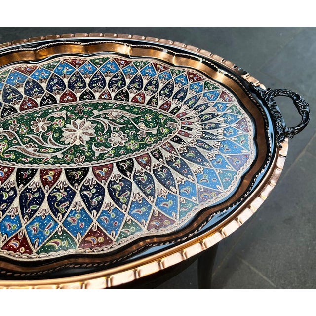 Boho Chic Hand Carved Colorful Copper Serving Tray with Handles For Sale - Image 3 of 11