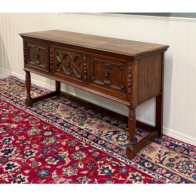 Antique English Jacobean Console Buffet Sideboard Sofa Table Oak c.1930s For Sale - Image 4 of 17