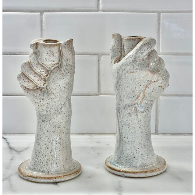 Ceramic, Contemporary Hand Candle Stick Holders Perfect condition Never Used Made By Bloomingville Light Gray Almost Ivory...
