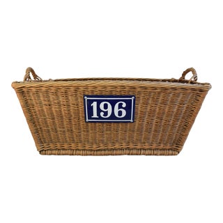 Vintage French Wicker/Willow Market Basket With Blue and White Porcelain Enameled Number Plate, #196 For Sale