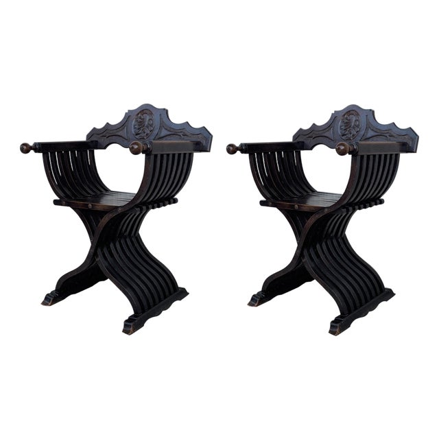 19th Century Pair of Carved Walnut Folding Scissors Savonarola Bench or Settle For Sale