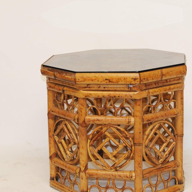 Hexagonal Bamboo Side Tables with Smoked Glass Tops, 1970s, Set of 3 For Sale - Image 4 of 11