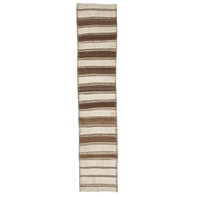 Textile Vintage Cream & Brown Striped Kilim Runner For Sale - Image 7 of 7