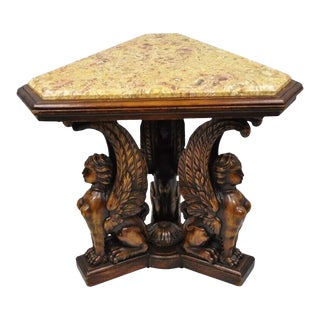 Antique French Renaissance Figural Walnut Winged Sphinx Resin Top Side Table For Sale