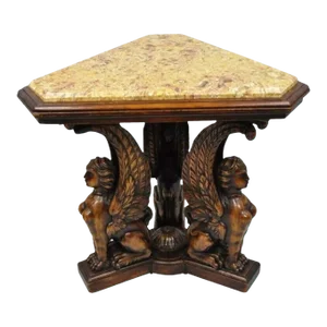 Antique French Renaissance Figural Walnut Winged Sphinx Resin Top Side Table