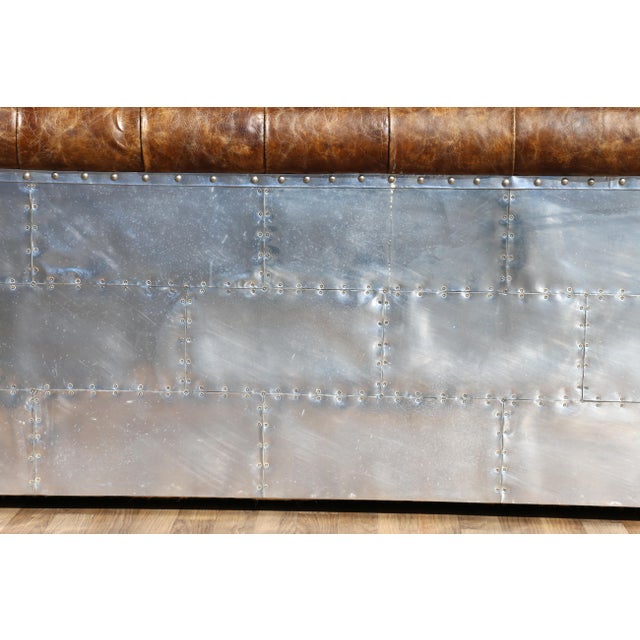 Industrial Aviator Chesterfield Sofa in Distressed Brown Leather & Riveted Aluminum Panels For Sale - Image 16 of 18