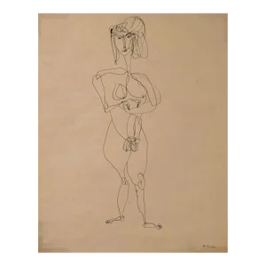 1950s "Contour Nude" Figurative Ink Drawing on Paper
