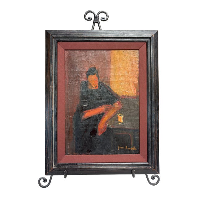 Vintage 1950's oil painting on stretched canvas in original frame with new custom linen liner by Swedish artist Jonne...