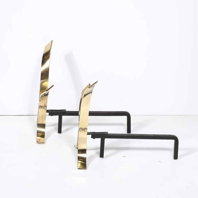 Pair of Mid-Century Modernist Andirons in Polished Brass by Donald Deskey For Sale - Image 9 of 10