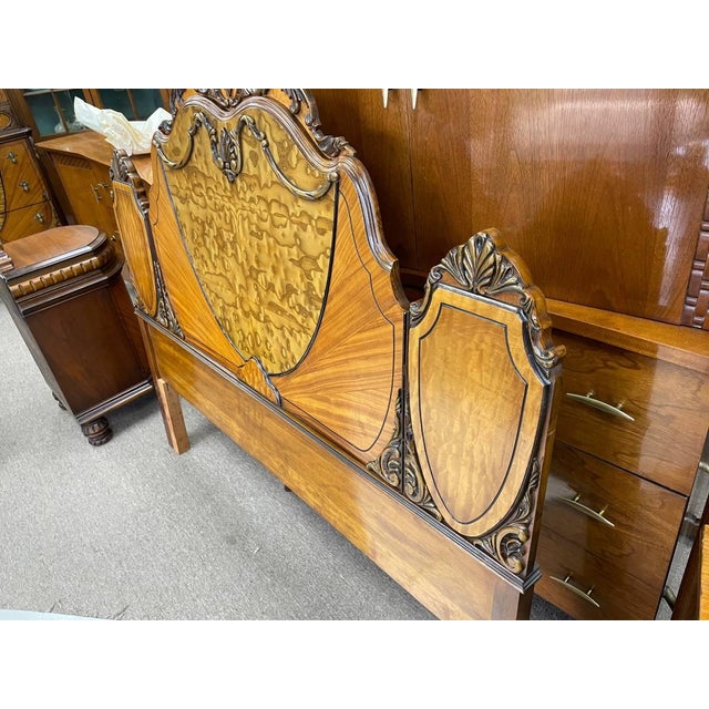 French Antique 1930's Handcarved Bedroom Headboard, Full Size, Inlay Burlwood For Sale - Image 3 of 9