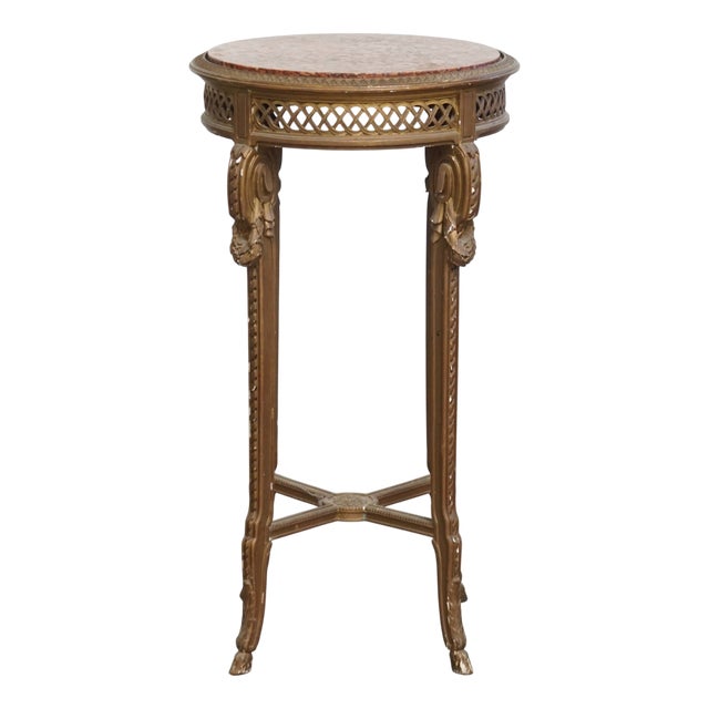 French Round Brocante Side Table with Gold-Colored Wooden Frame and Marble Top For Sale