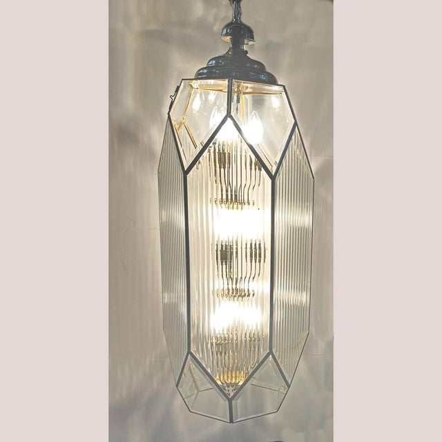 Large 1990s New Old Stock Fluted Glass Art Deco Revival Chandelier With 9 Lights For Sale - Image 4 of 12