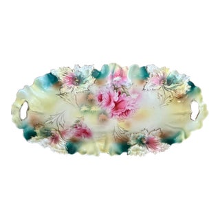 Antique Turn of the Century r.s. Prussia Floral Scalloped Edged Gilt Celery Dish or Relish Tray For Sale