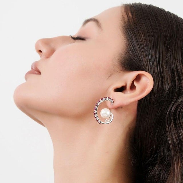Natural Ruby & Freshwater Pearl Designer C Hoop Earrings in 925 Sterling Silver, A Pair For Sale - Image 6 of 15