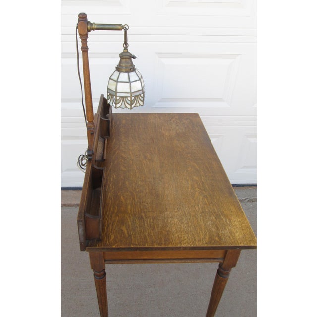 Early 20th Century Vintage Writing Desk Table With Attached Tiffany Style Lamp For Sale - Image 5 of 15