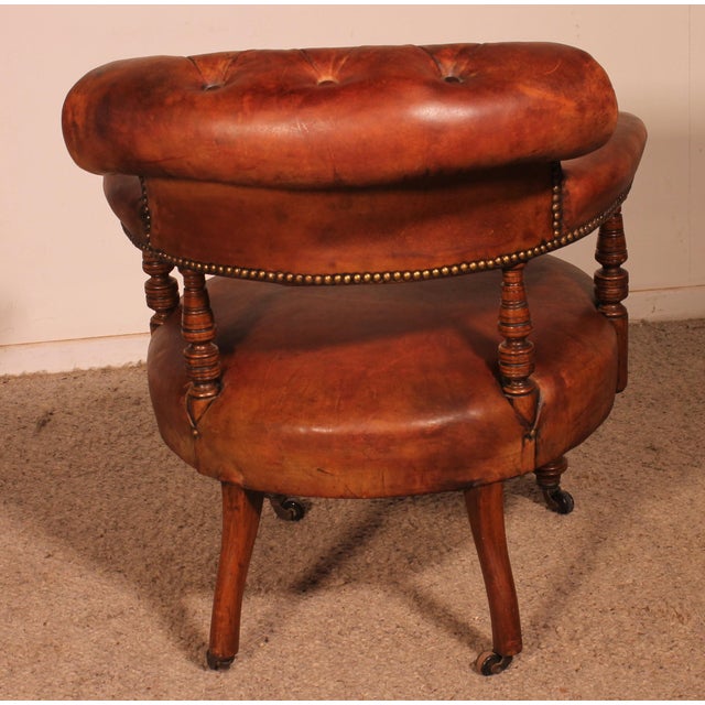 Small Vintage Armchair in English Cognac Mahogany and Leather, 1800s For Sale - Image 9 of 15