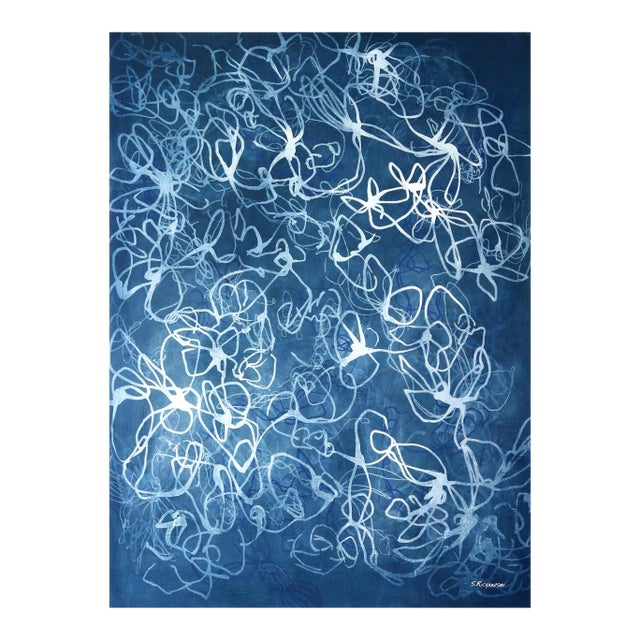 "Blue Chiffon No.1 - Compressed Veil" - Blue Abstract Acrylic Painting on Paper by Sara Richardson For Sale