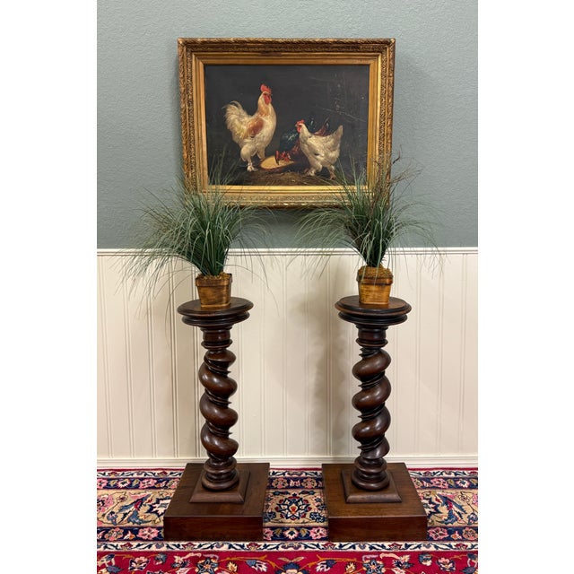 Antique Pair French Louis XIII Barley Twist Pedestals Plant Stands Oak 33" T For Sale In Dallas - Image 6 of 18