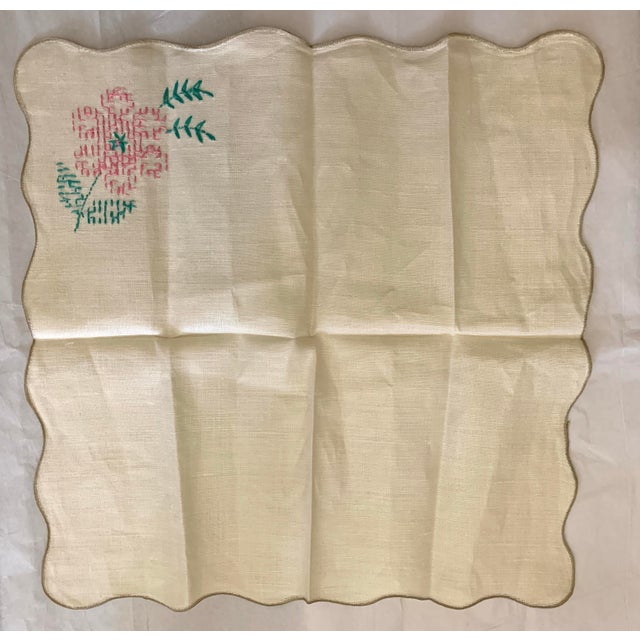 Vintage Handmade Linen Ivory, Pink & Green Floral Embroidered Napkins- Set of 6 For Sale - Image 4 of 5