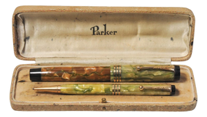 Art Deco Duofold Marbleised Fountain Pen & Pencil Set in Original Parker Box from Parker, 1930s, Set of 2