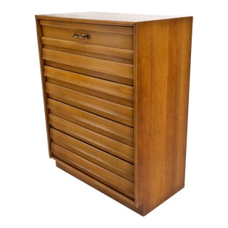 American Mid-Century Modern Light Walnut 5 Drawers High Chest Dresser For Sale