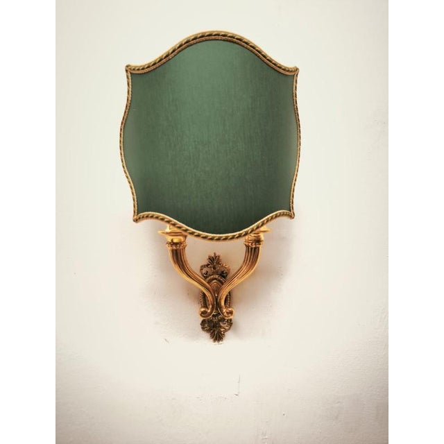 Double-Light Wall Lamp with Green Fabric Fan, 1940s For Sale - Image 14 of 18