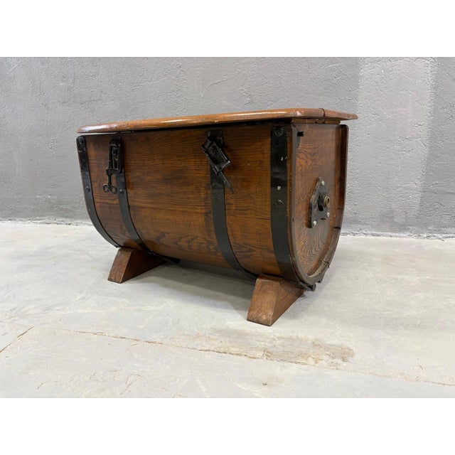 Brown Oak Barrel Form Storage Chest with Black Metal Straps, 1930s For Sale - Image 8 of 9