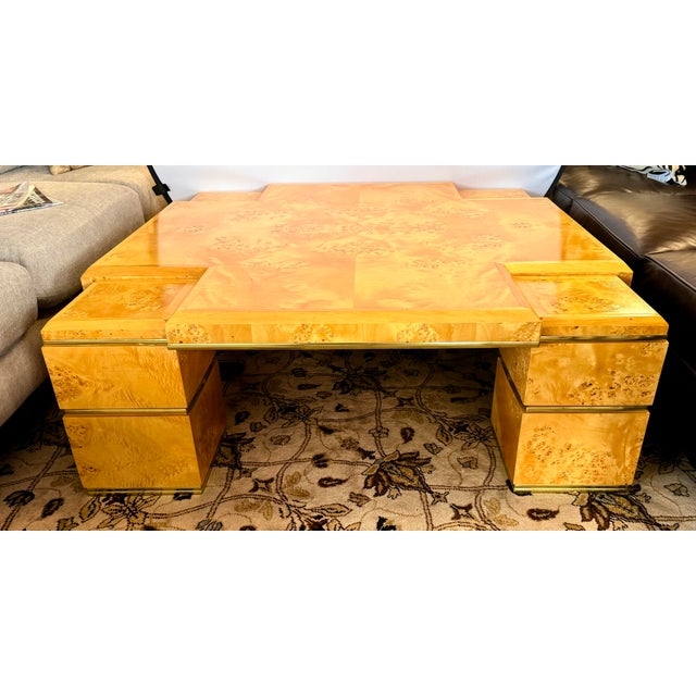 Rare Willy Rizzo Burlwood Square and Brass Coffee Table Italy 1970s For Sale - Image 9 of 12