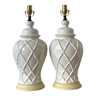Vintage Glazed Ceramic Trellis Lamps - A Pair For Sale