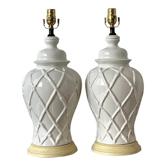 Vintage Glazed Ceramic Trellis Lamps - A Pair For Sale