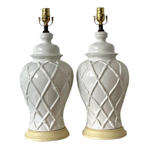 Vintage Glazed Ceramic Trellis Lamps - A Pair
