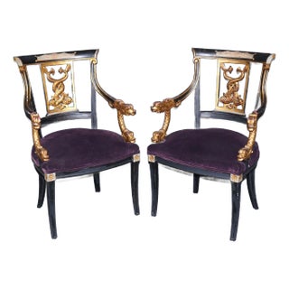 Pair Ebonized Italian 1890s Era Carved Gilded Dolphin Neoclassical Armchairs For Sale