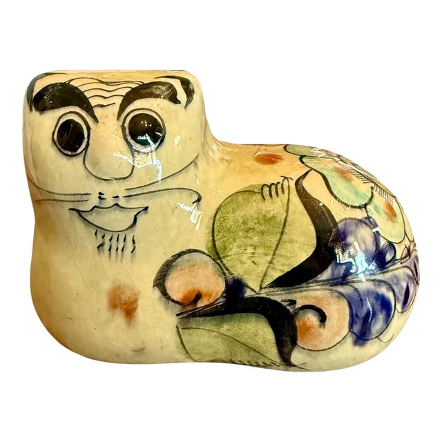 Vintage Tonala Mexico Pottery Cat-Folk Art Figurine-Hand Painted-Southwestern For Sale