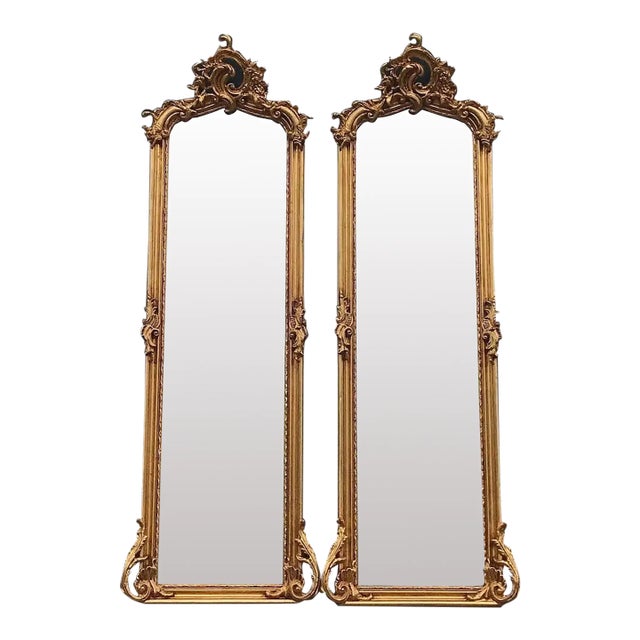 Pair of Large Rococo-Style Gold Leaf Full-Length Floor Mirrors, Late 20th Century For Sale