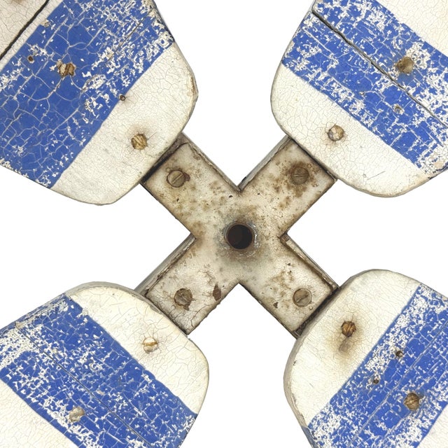 1950s Vintage 1950s Primitive Wooden Windmill Fan Blade Distressed Painted White & Blue Striped Wood For Sale - Image 5 of 10