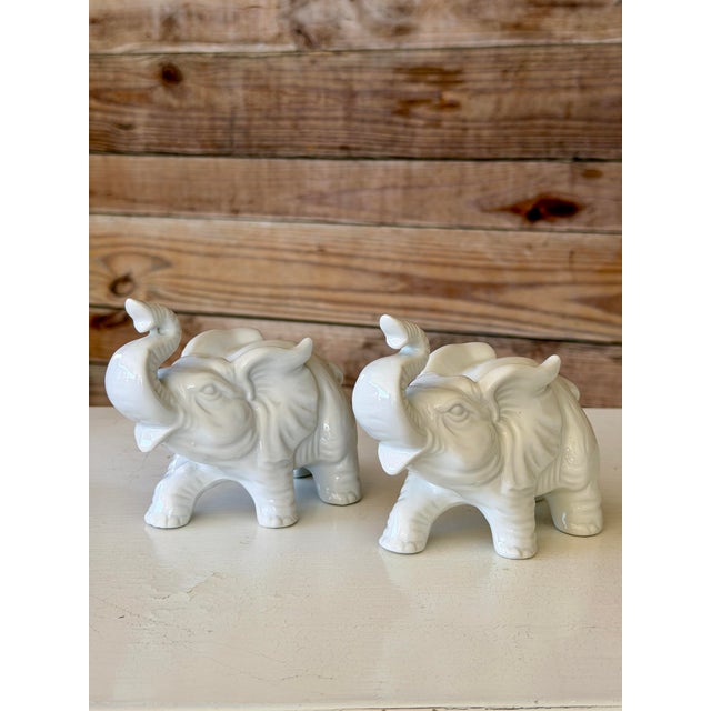 Ceramic Pair of Vintage Inarco White Glazed Elephant Figurines With Raised Trunks For Sale - Image 7 of 12