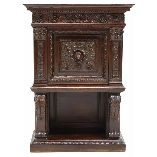 Gorgeous Antique Cabinet, Fall-Front, Italian Renaissance Revival, Carved, Walnut, Early 1900s, 20th Century! Experience...