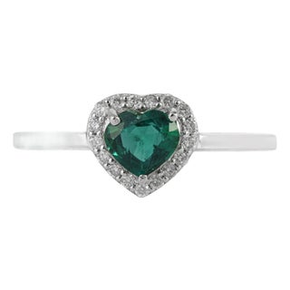 Art Deco Heart Cut Emerald & Diamond Promise Ring Size 5 in 18k White Gold For Sale