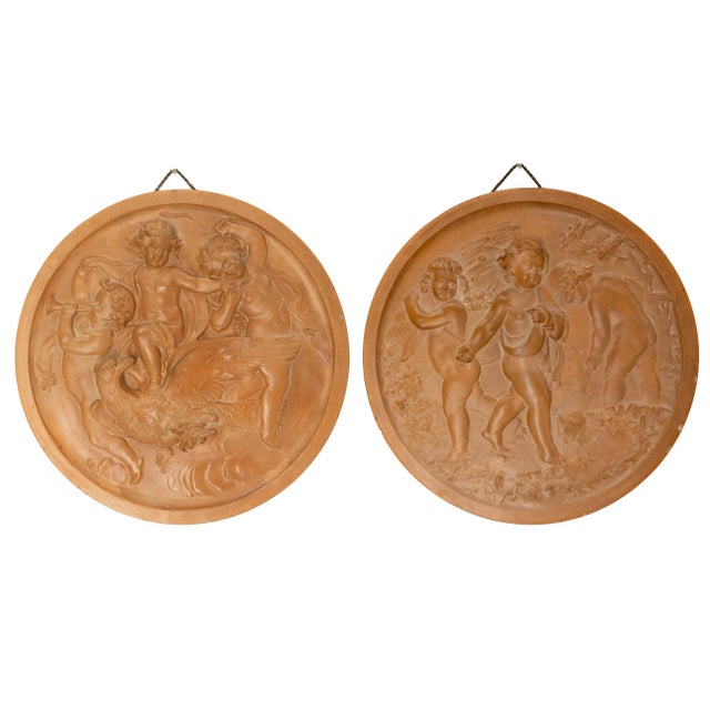 Brown Wall Plaque Sculpture Medallion Three Putti in Agricultural Scenes, 1920s For Sale - Image 8 of 9