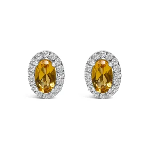 10K White Gold 5x3 MM Oval Yellow Citrine and Diamond Halo Stud Earrings (I-J Color, I1-I2 Clarity)