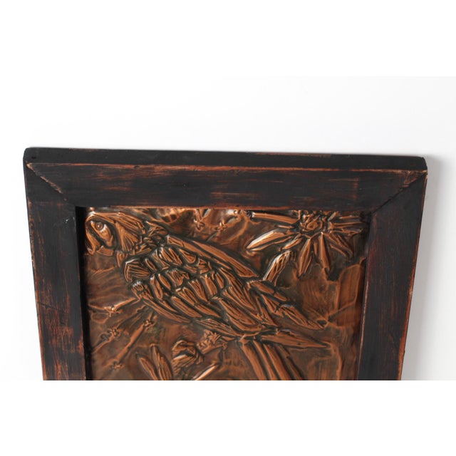 Wood Mid-Century Parrot Copper Repoussé Plaque in Rustic Wood Frame For Sale - Image 7 of 14