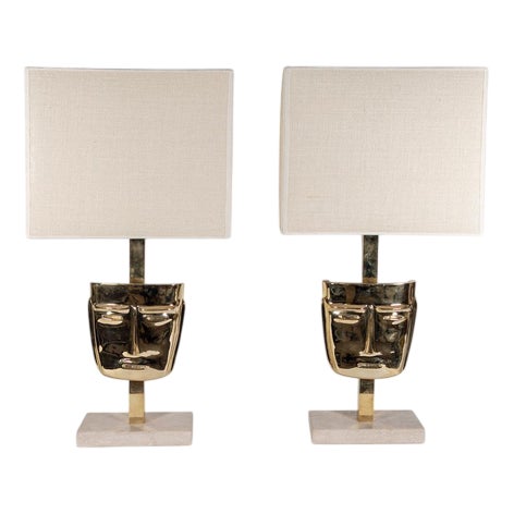 Vintage Brass Sculpture Face Mask Table Lamps, 1970s, Set of 2 For Sale