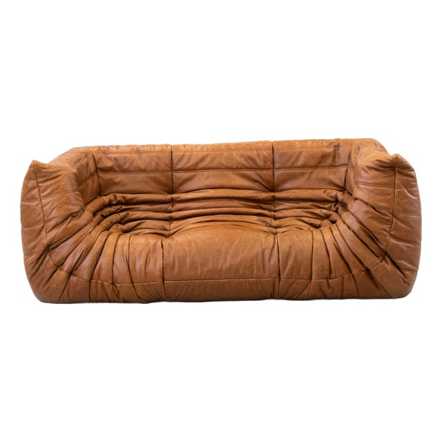 Vintage Two-Seater Togo Sofa with Arms in Brown Pine Leather by Michel Ducaroy for Ligne Roset, 1970s For Sale