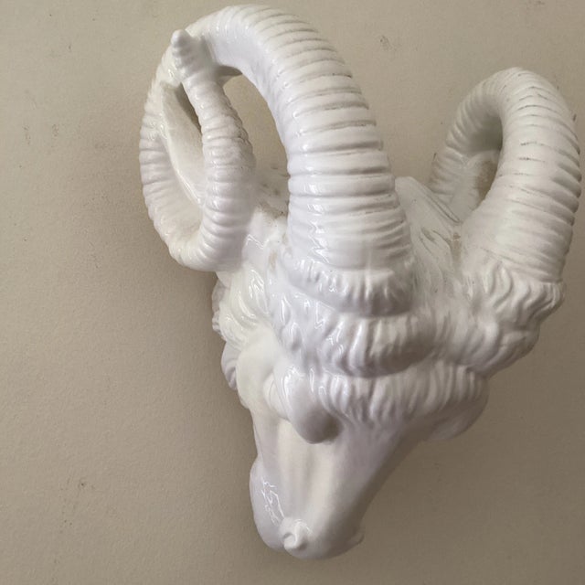 Vintage Neoclassical Italian White Glazed Porcelain Ram's Head Wall Hanging Sculpture, Circa 1980s For Sale - Image 9 of 12