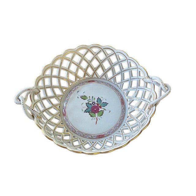 Herend Porcelain "Chinese Apponyi Bouquet multi color" Openwork Basket with Handles A Herend Hungary porcelain open work...