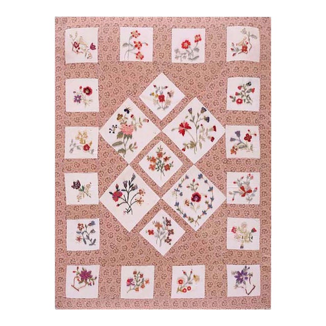 1920s Tan Camel Medallion Folk Art American Quilt Rug 2'8" X 3'7" Flatweave Cotton Wook Carpet For Sale