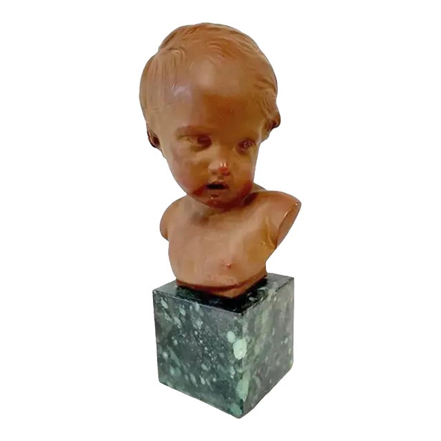 Vintage French Terracotta Bust of a Child on Marble Plinth For Sale
